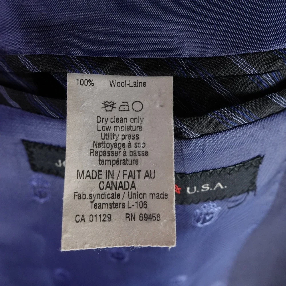 John Varvatos USA Mens 44R 100% Wool 2 Button Suit Navy Blue Made in Canada